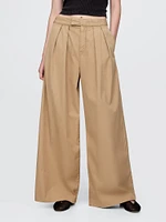 High Rise Twill Pleated Wide-Leg Khakis