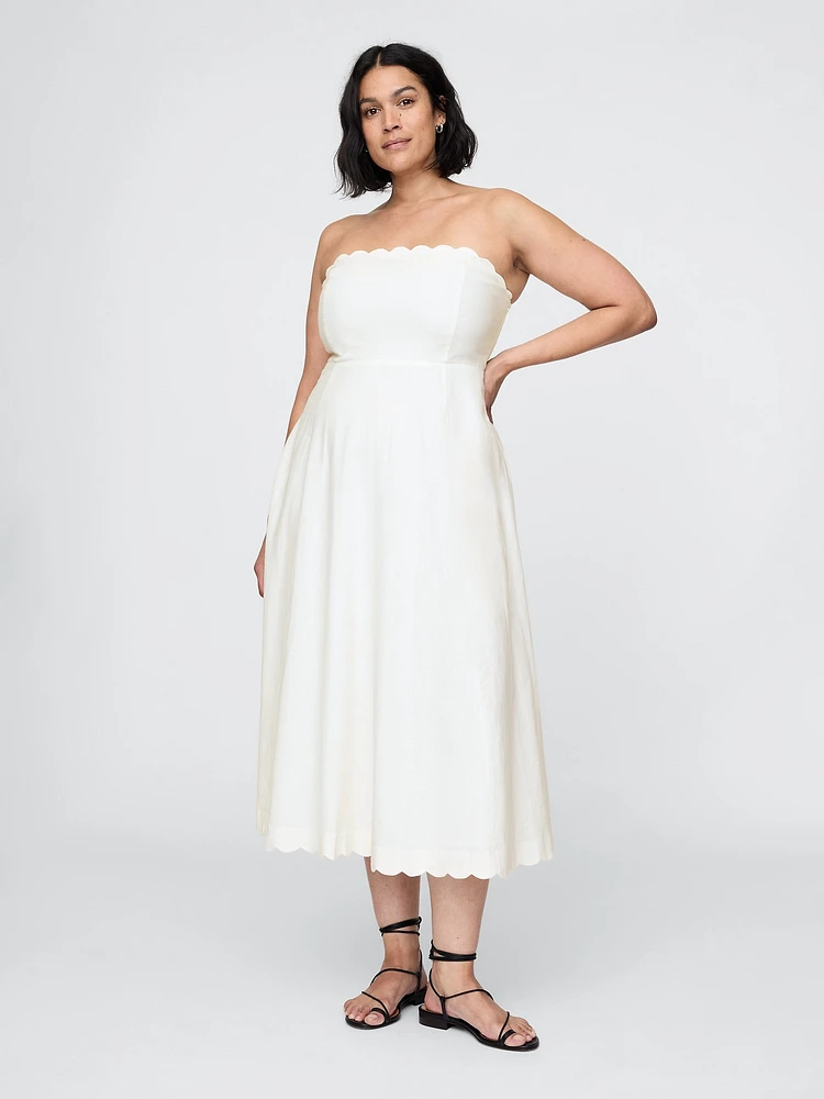 Linen-Blend Scalloped Midi Dress