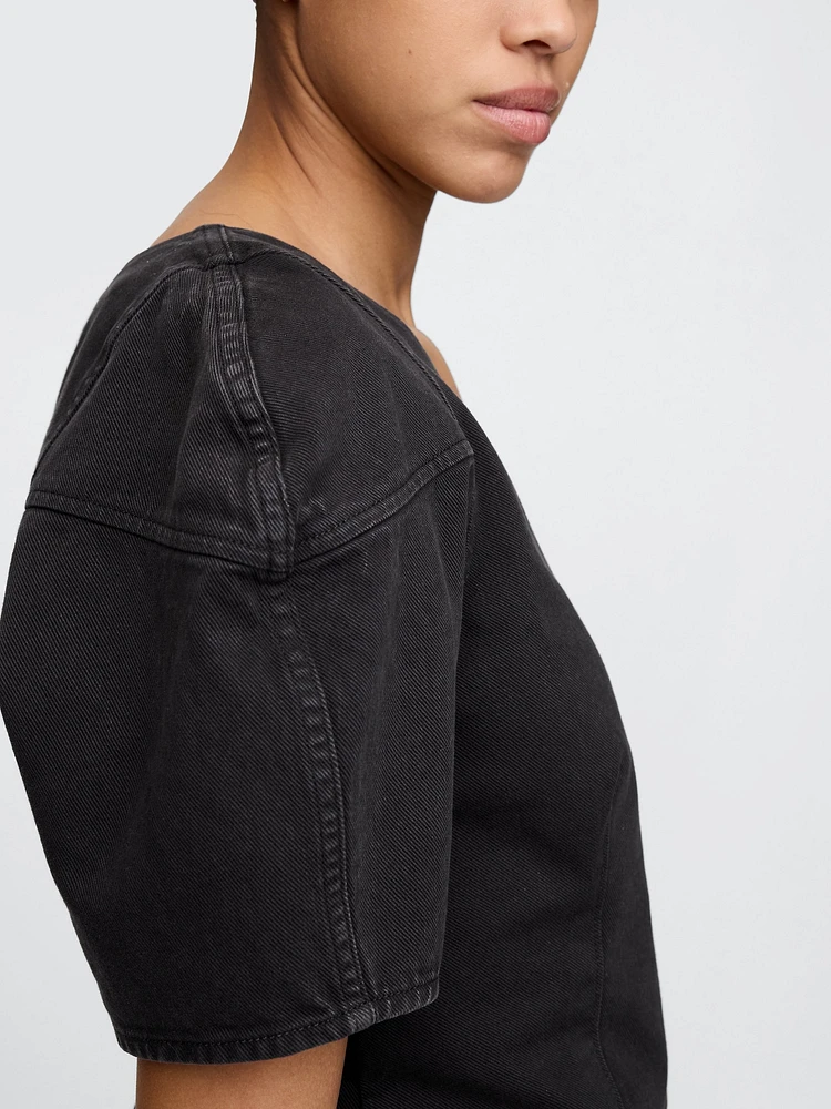 Denim Barrel-Sleeve Crop Shirt