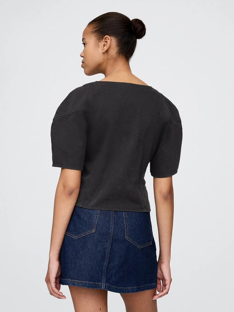Denim Barrel-Sleeve Crop Shirt