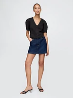 Barrel-Sleeve Cropped Denim Shirt