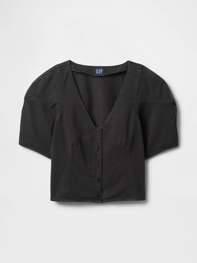 Denim Barrel-Sleeve Crop Shirt