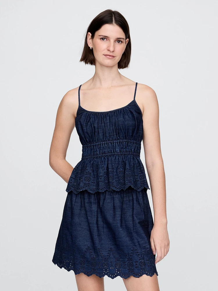 Smocked Eyelet Denim Cami