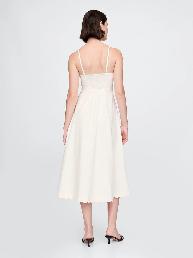 Linen-Blend Scalloped Midi Dress