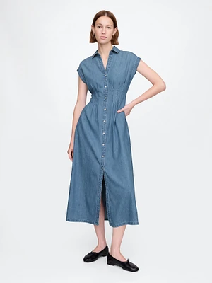 Denim Pleated Maxi Shirtdress