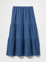 Crinkle Gauze Denim Tiered Maxi Skirt