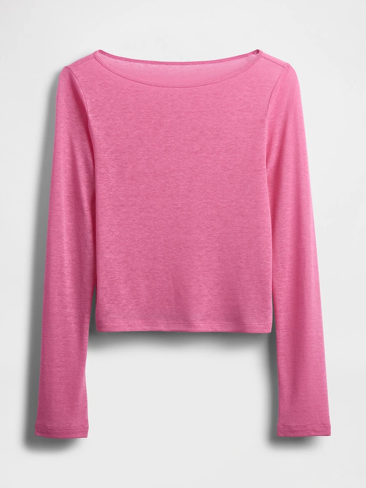 Linen-Blend Boatneck Crop T-Shirt