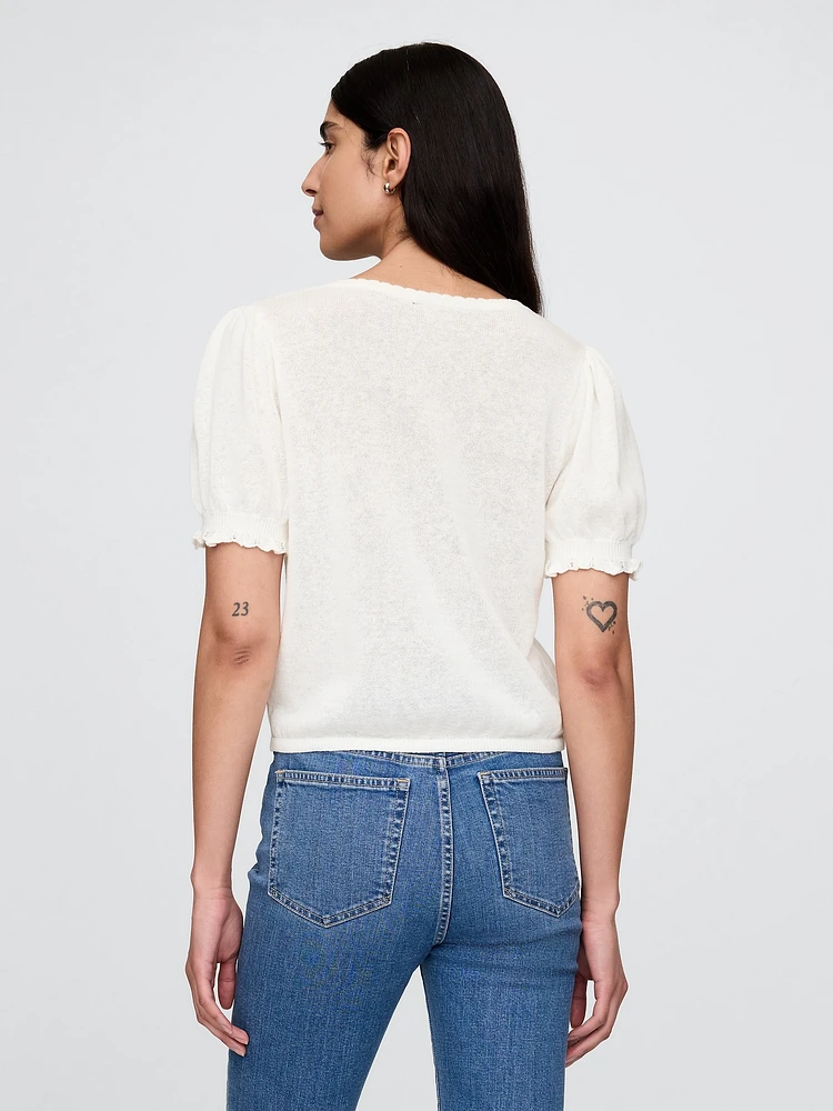Linen-Blend Puff-Sleeve Sweater Top