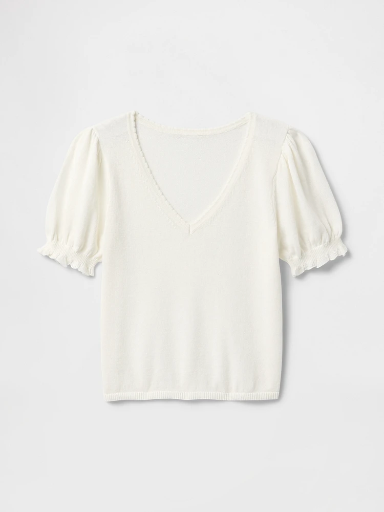 Linen-Blend Puff-Sleeve Sweater Top