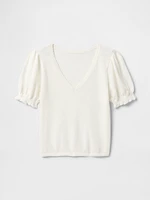 Linen-Blend Puff-Sleeve Sweater Top