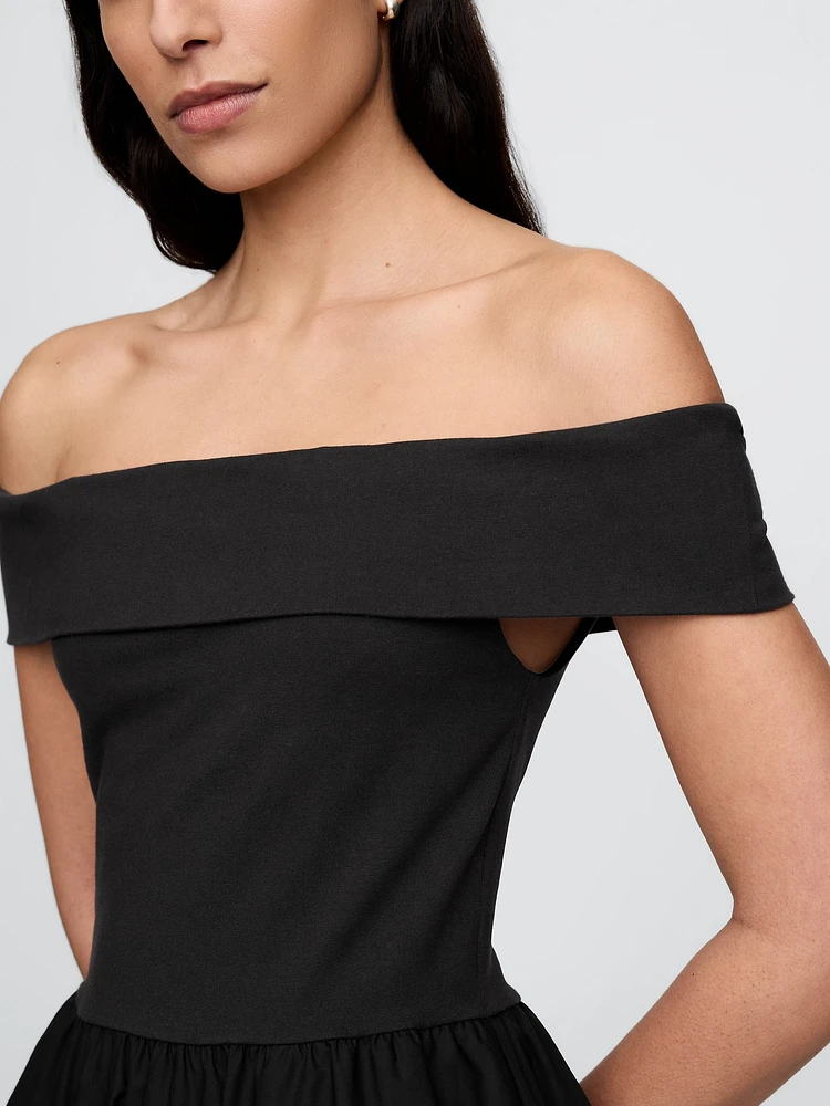 Mixed Media Off-Shoulder Midi Dress