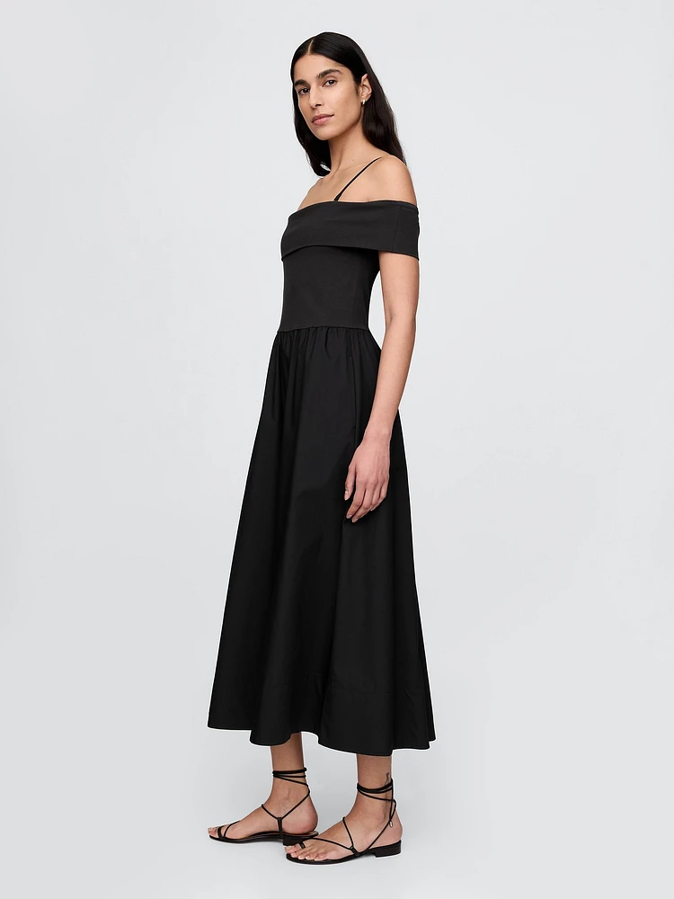 Mixed Media Off-Shoulder Midi Dress