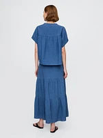 Crinkle Gauze Denim Tiered Maxi Skirt