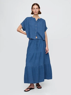 Crinkle Gauze Denim Tiered Maxi Skirt