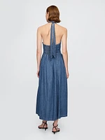 Denim Tie-Back Halter Maxi Dress