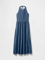 Denim Tie-Back Halter Maxi Dress