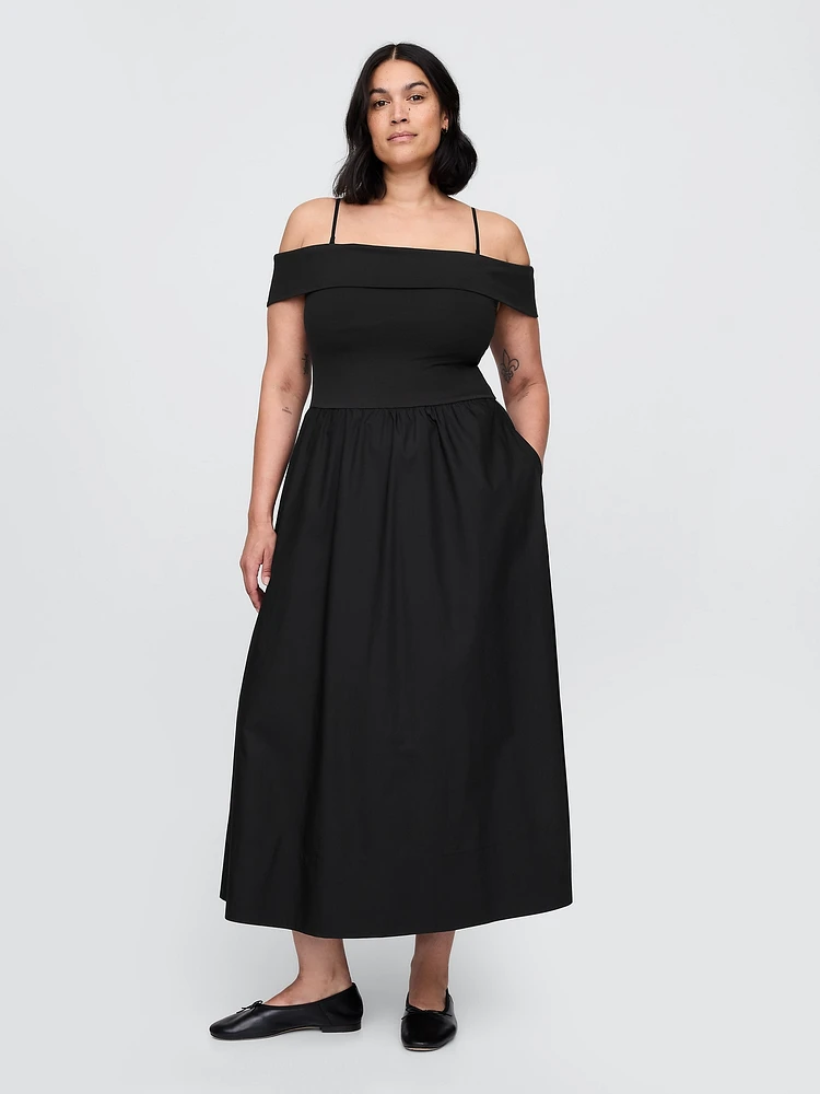 Mixed Media Off-Shoulder Midi Dress