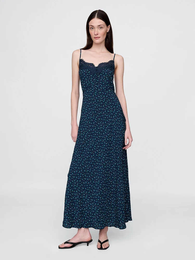 Crepe Lace-Trim Sweetheart Maxi Dress