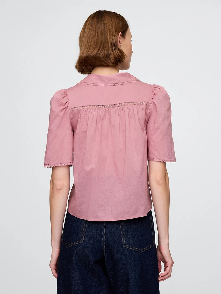 Puff-Sleeve Lace Collared Top
