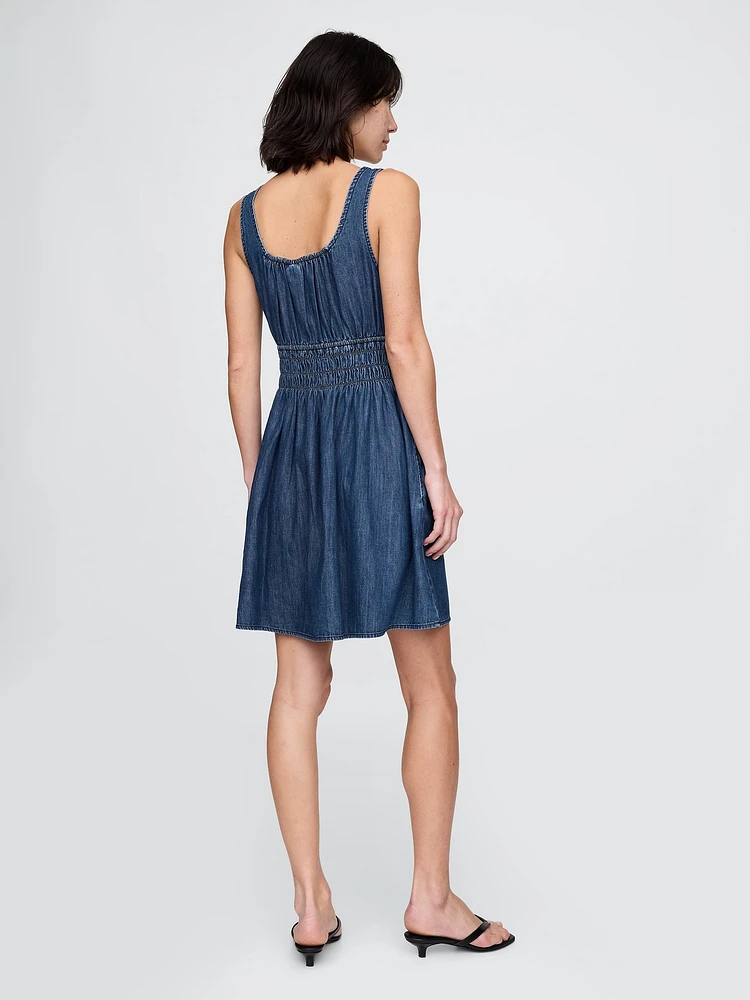 Denim Tie-Front Smocked Waist Mini Dress