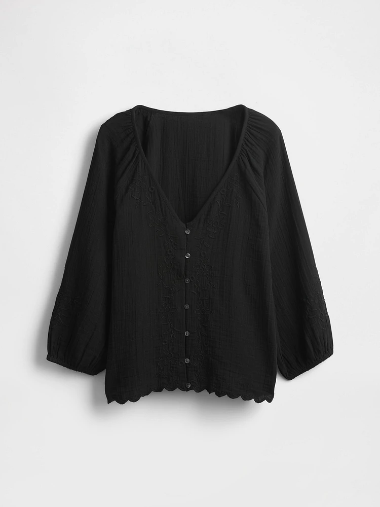 Cotton Gauze Embroidered V-Neck Top