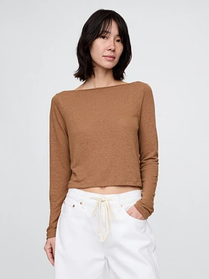 Linen-Blend Boatneck Crop T-Shirt