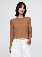 Linen-Blend Boatneck Crop T-Shirt