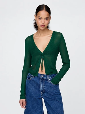 Sheer Rib Cropped Tie-Front Cardigan Sweater