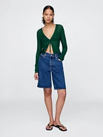 Sheer Rib Tie-Front Crop Cardigan Sweater