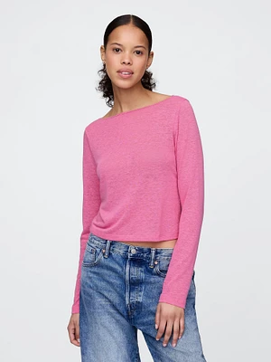 Linen-Blend Boatneck Crop T-Shirt