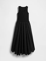 Mixed Media Handkerchief Hem Midi Dress