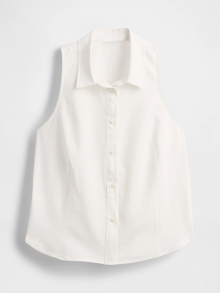 Linen-Blend Sleeveless Button-Front Shirt