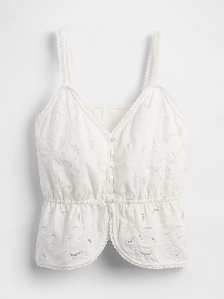Linen-Blend Eyelet Peplum Top