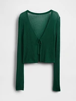 Sheer Rib Tie-Front Crop Cardigan Sweater