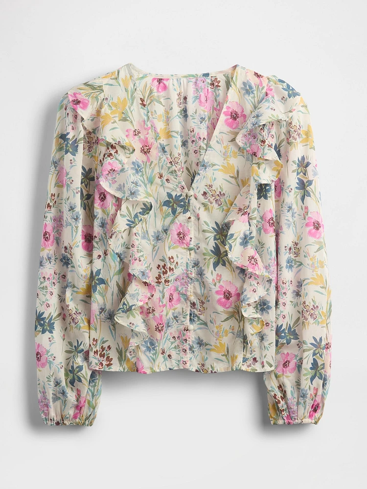 Ruffle-Trim Floral Top