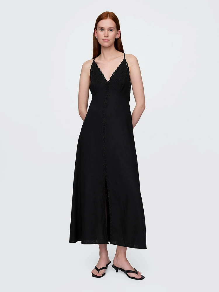 Linen-Blend Embroidered Halter Maxi Dress