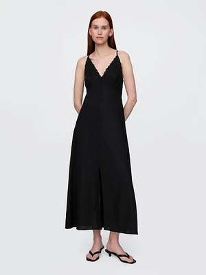 Linen-Blend Embroidered Halter Maxi Dress