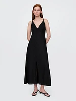 Linen-Blend Embroidered Halter Maxi Dress