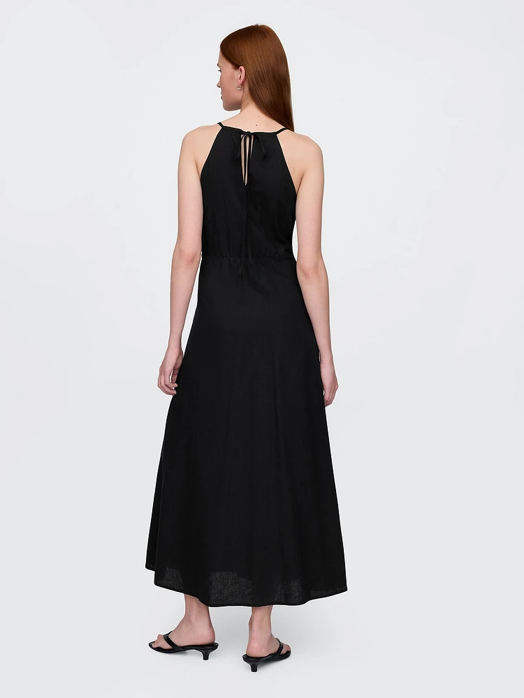 Linen-Blend Embroidered Halter Maxi Dress