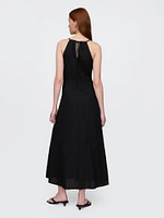 Linen-Blend Embroidered Halter Maxi Dress