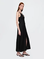 Linen-Blend Embroidered Halter Maxi Dress