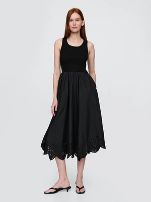 Mixed Media Handkerchief Hem Midi Dress