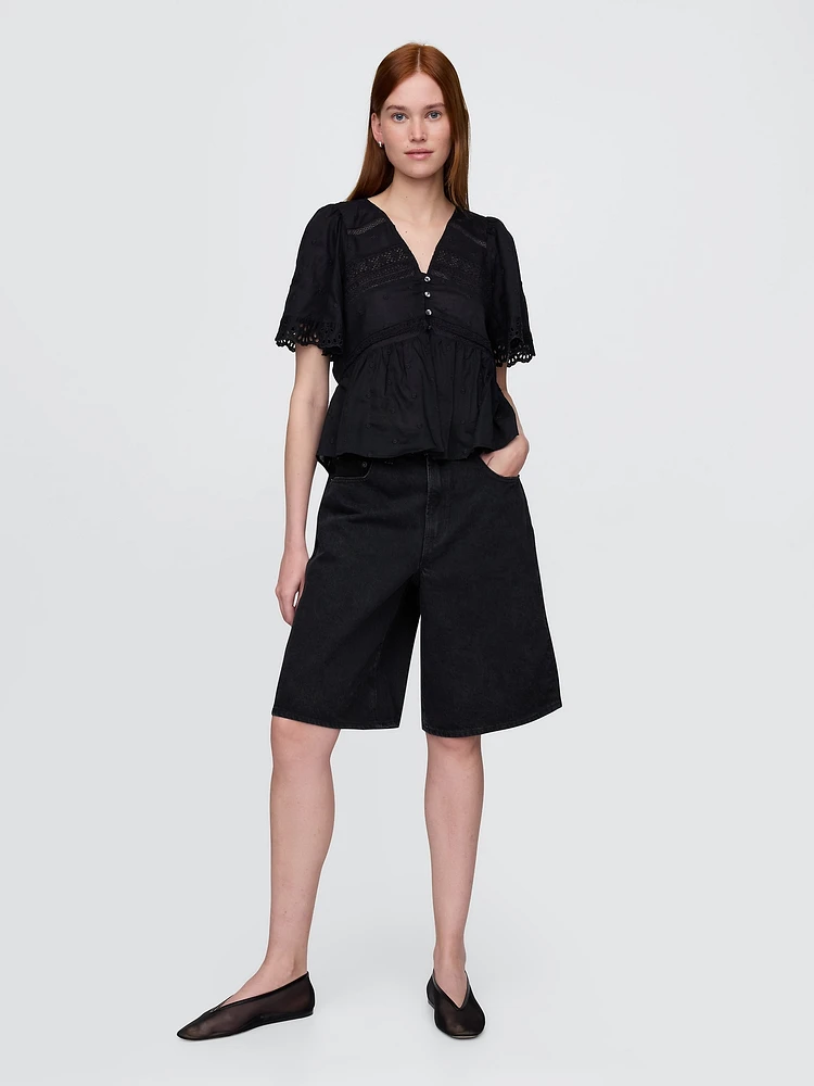 Lace-Trim Flutter-Sleeve Top