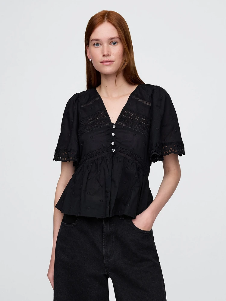 Lace-Trim Flutter-Sleeve Top