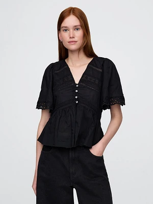 Lace-Trim Flutter-Sleeve Top