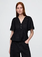 Lace-Trim Flutter-Sleeve Top