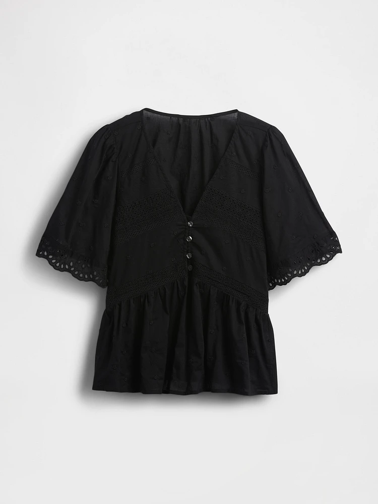 Lace-Trim Flutter-Sleeve Top