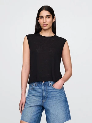Linen-Blend Crewneck Shell Tank Top