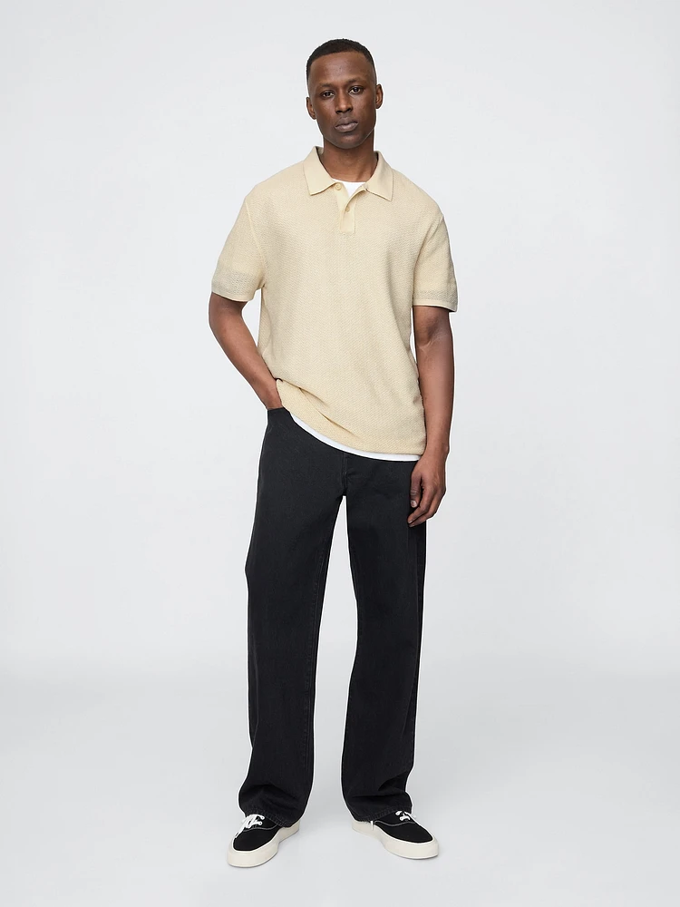 Textured Crochet Polo Shirt Sweater