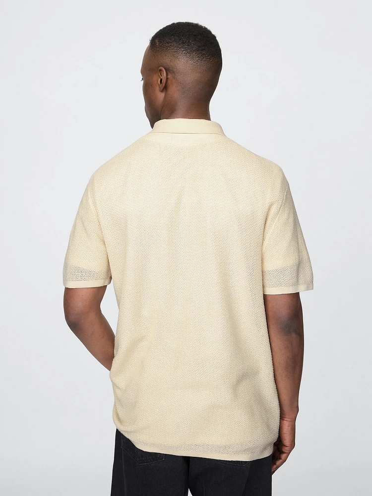Textured Crochet Polo Shirt Sweater